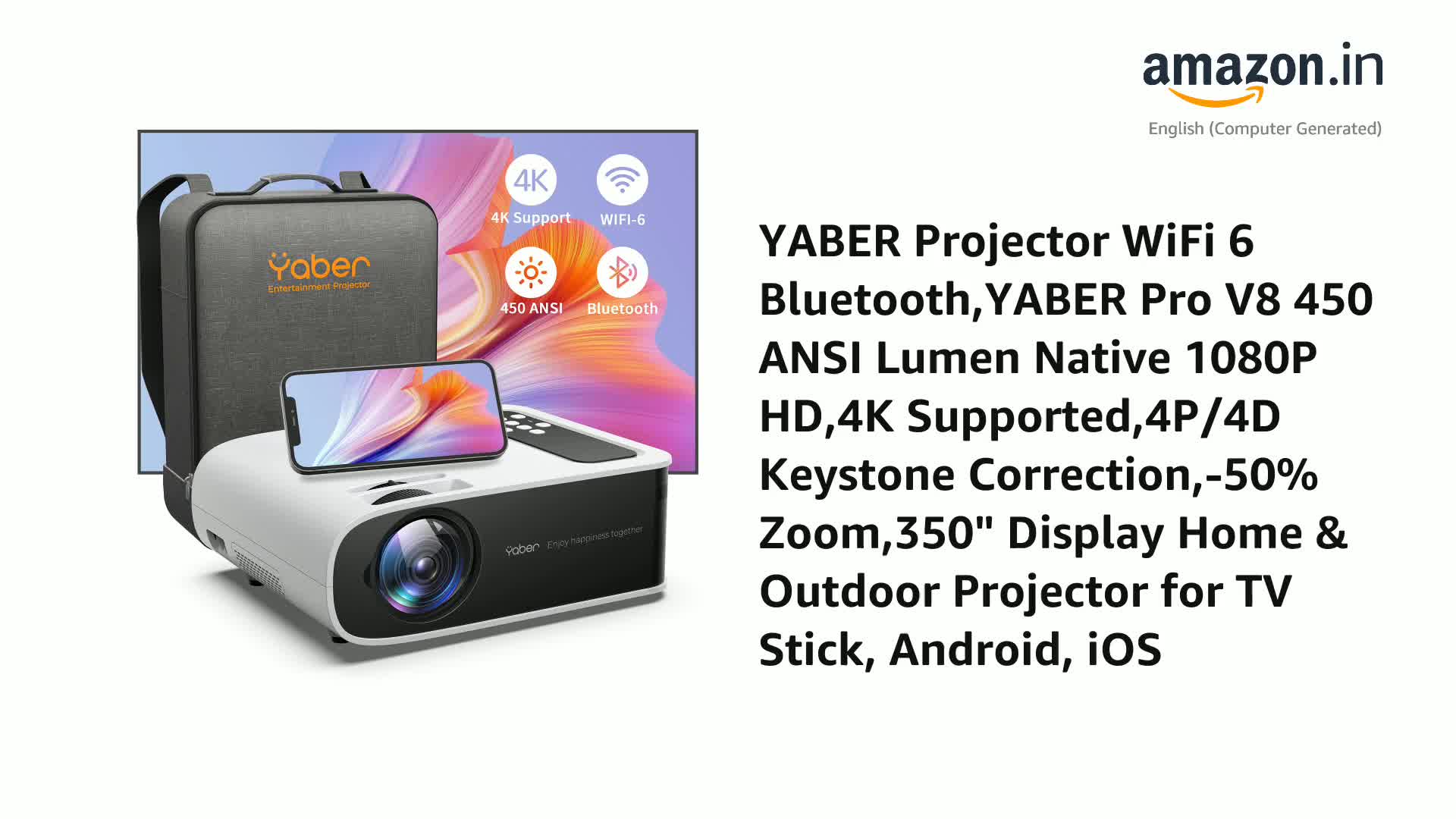 YABER Projector WiFi 6 Bluetooth,YABER Pro V8 450 ANSI Lumen